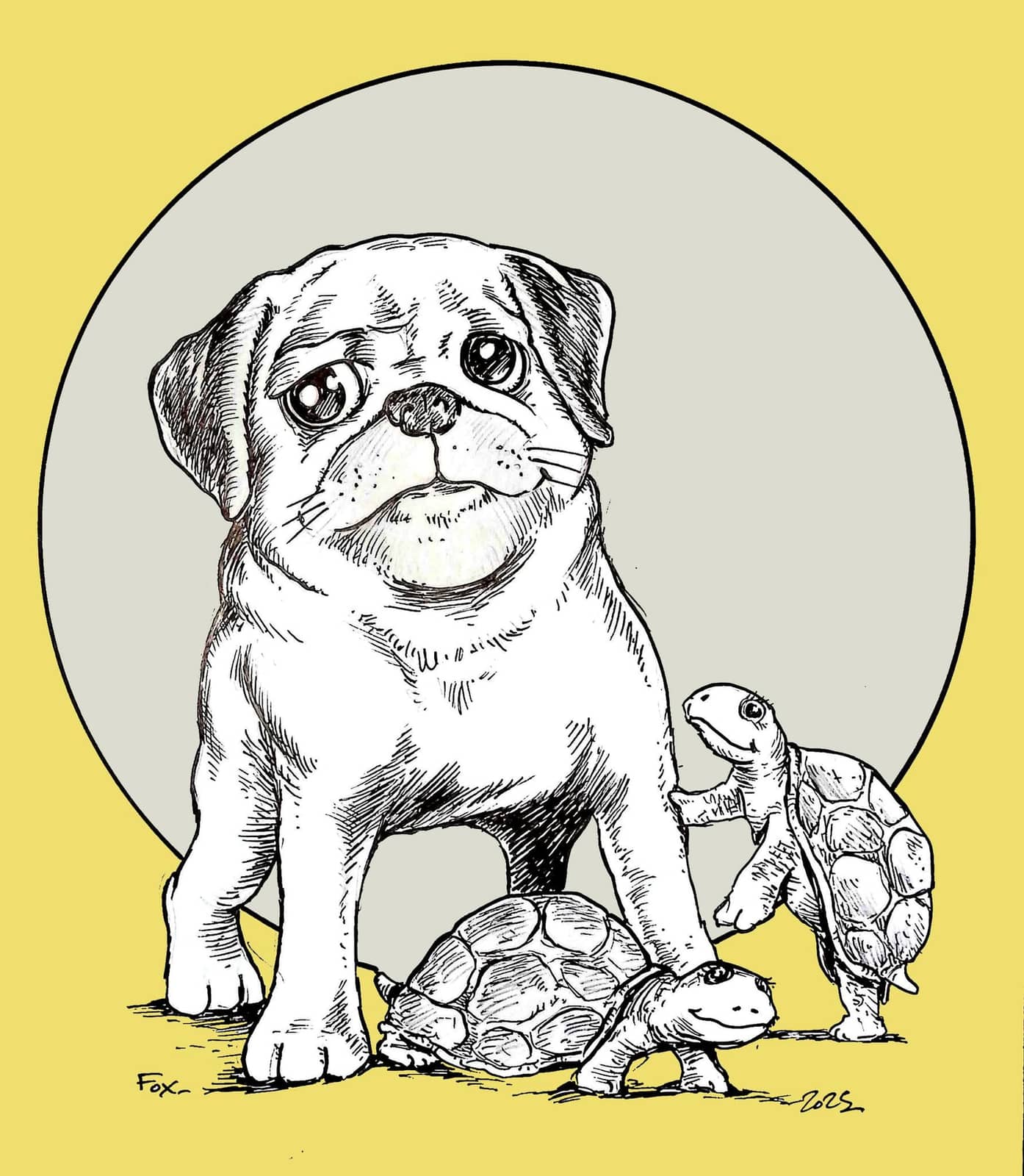 Carlin entouré de petits animaux