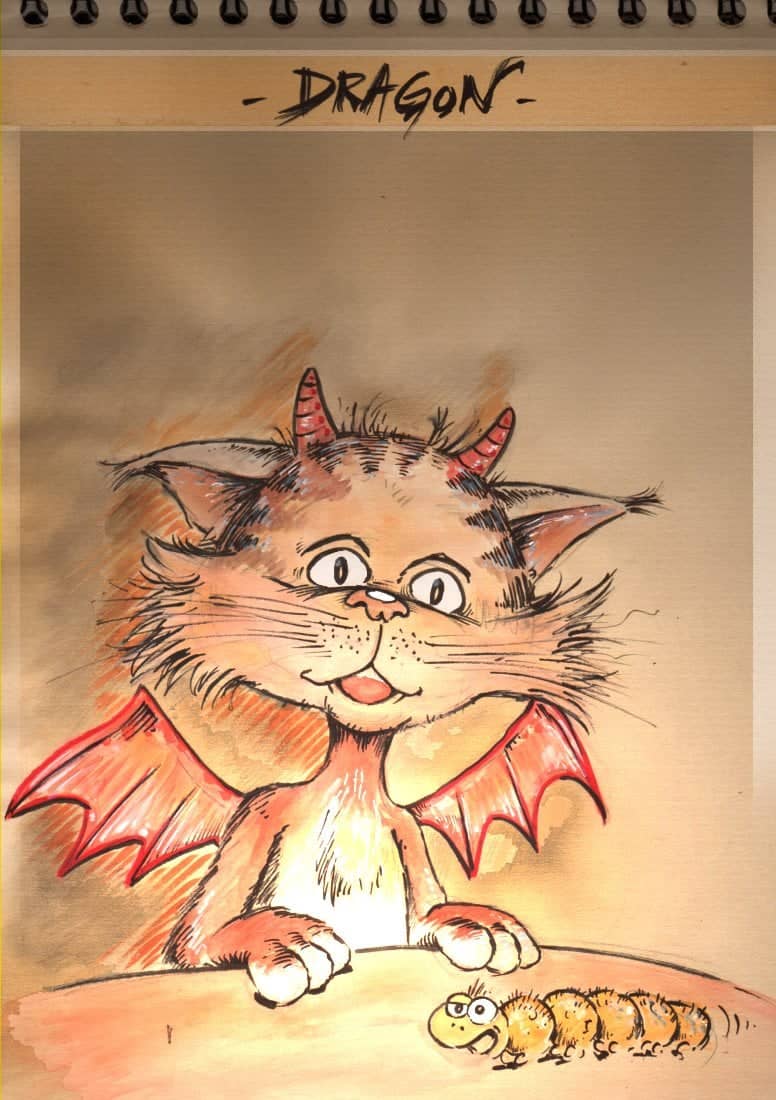 Chat dragon dévorant une chenille