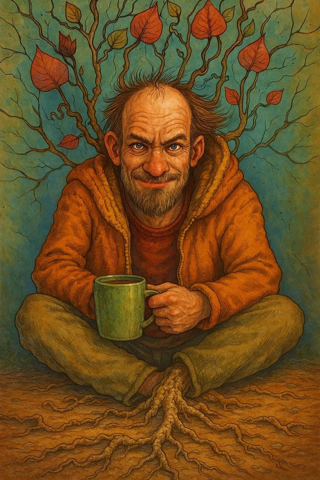 Homme-arbre contemplant son café