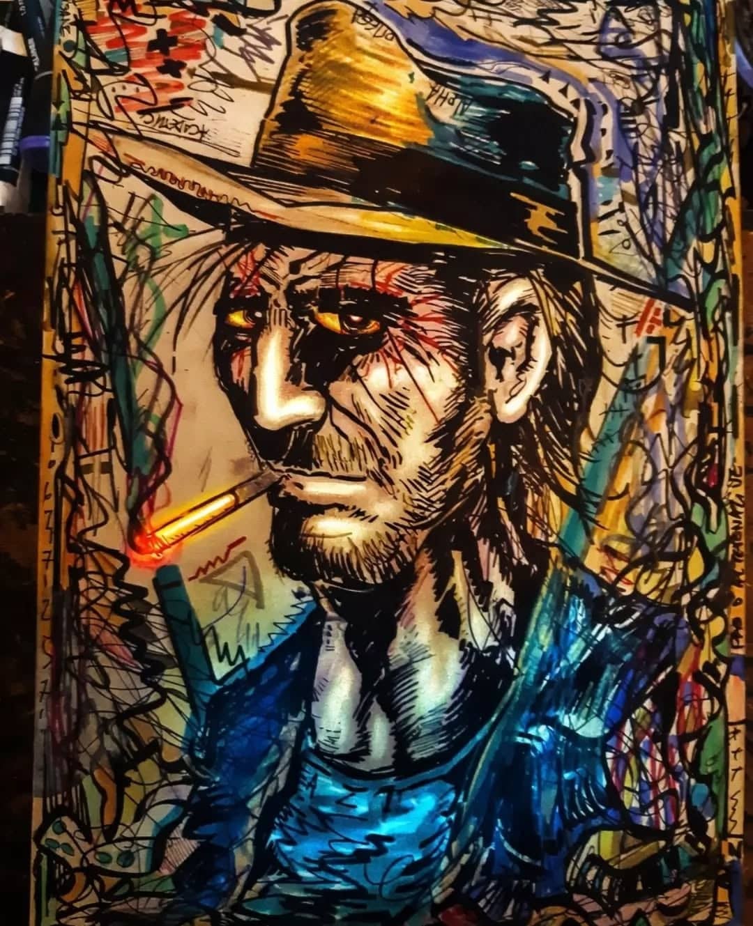 Portrait au chapeau et cigarette