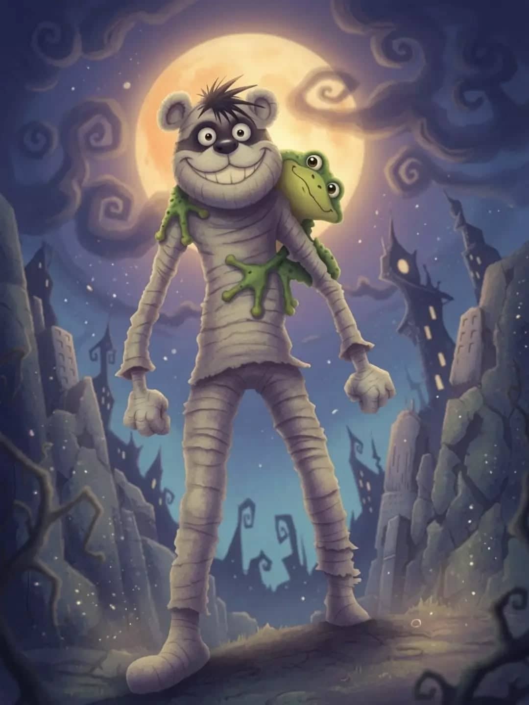 Momie avec grenouille sous lune