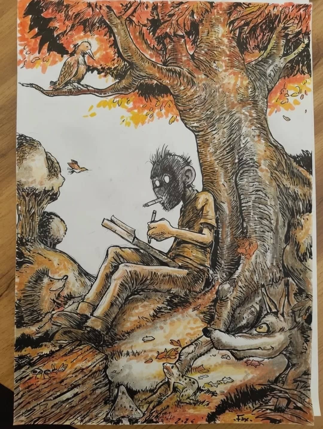 Monstre zen sous l'arbre automnal