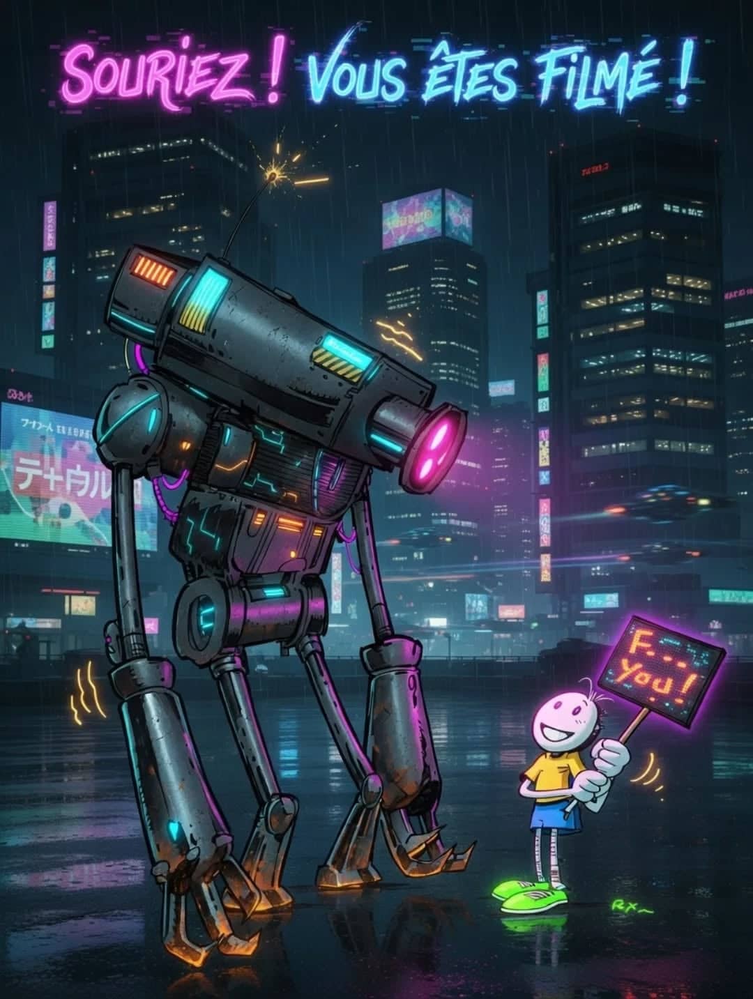 Robot géant et personnage dans la nuit
