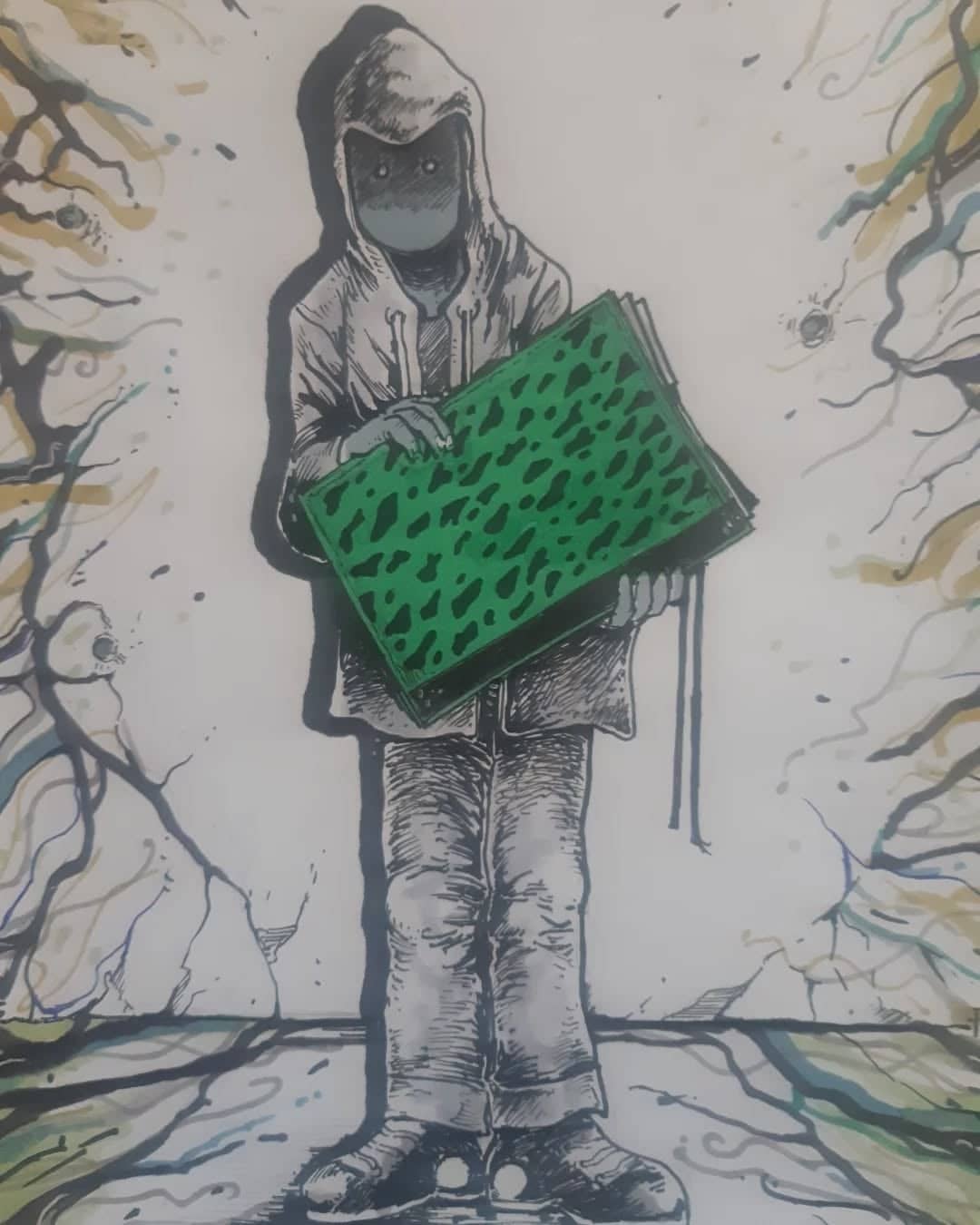 Artiste mystérieux avec tablette verte