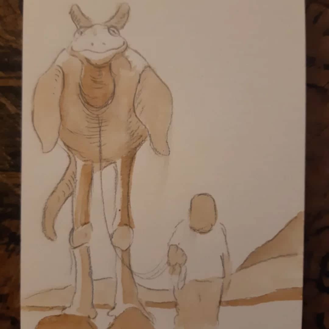 Créature anthropomorphe et personnage minuscule