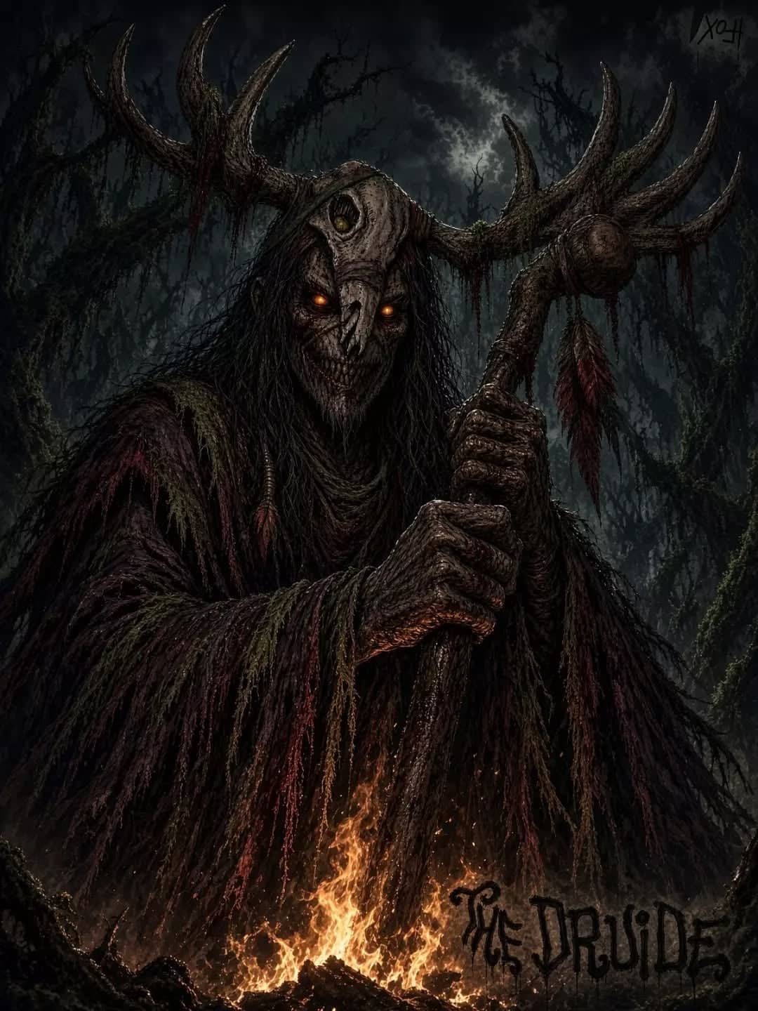 Druide sombre aux cornes enflammées