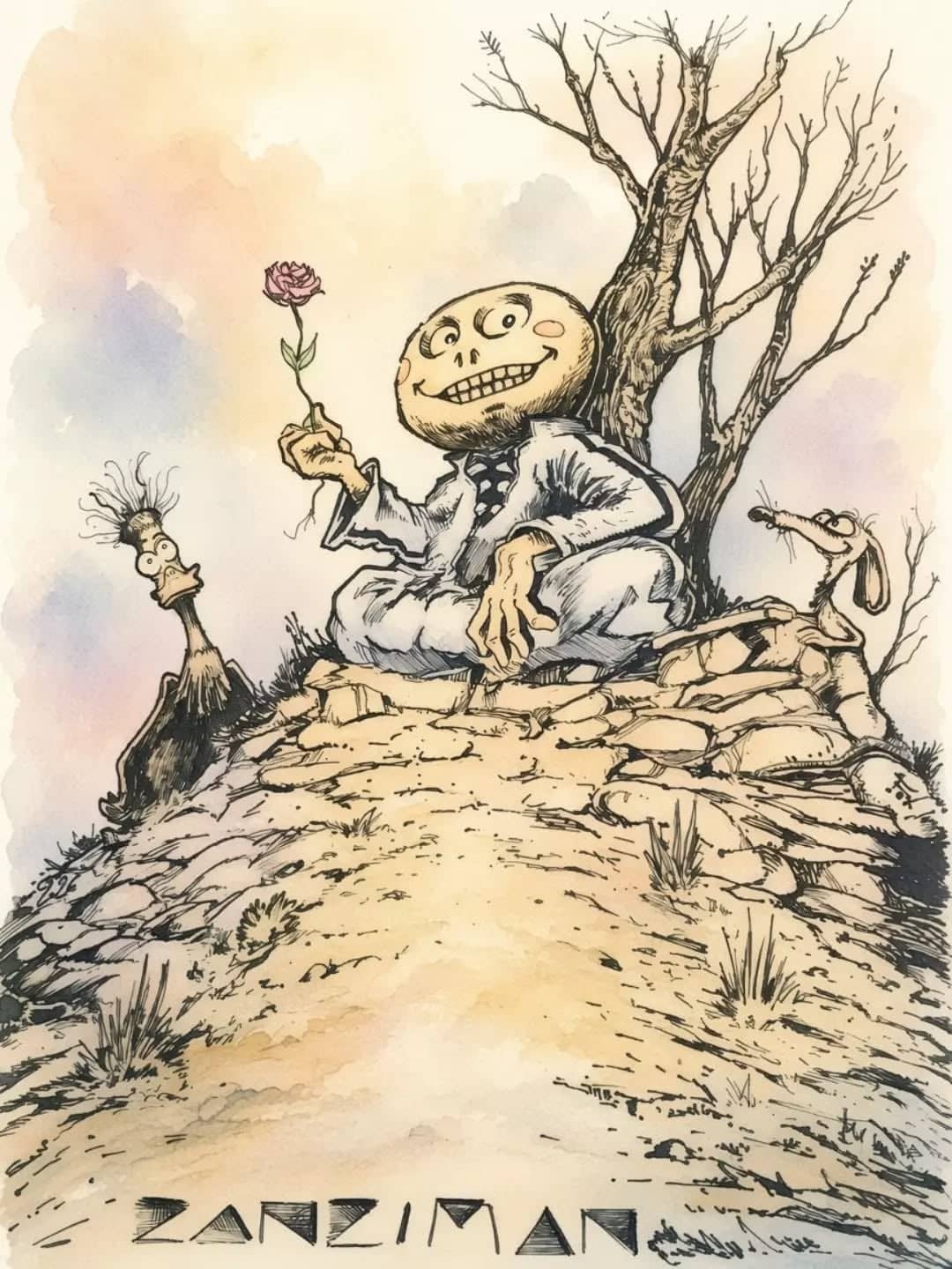Squelette joyeux avec rose zen