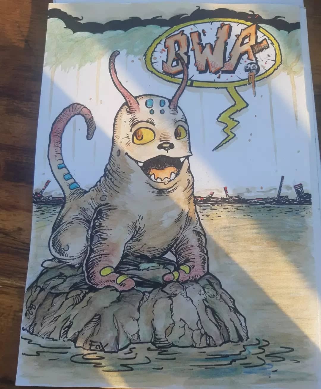 Créature monstrueuse avec bulle "Brwia"