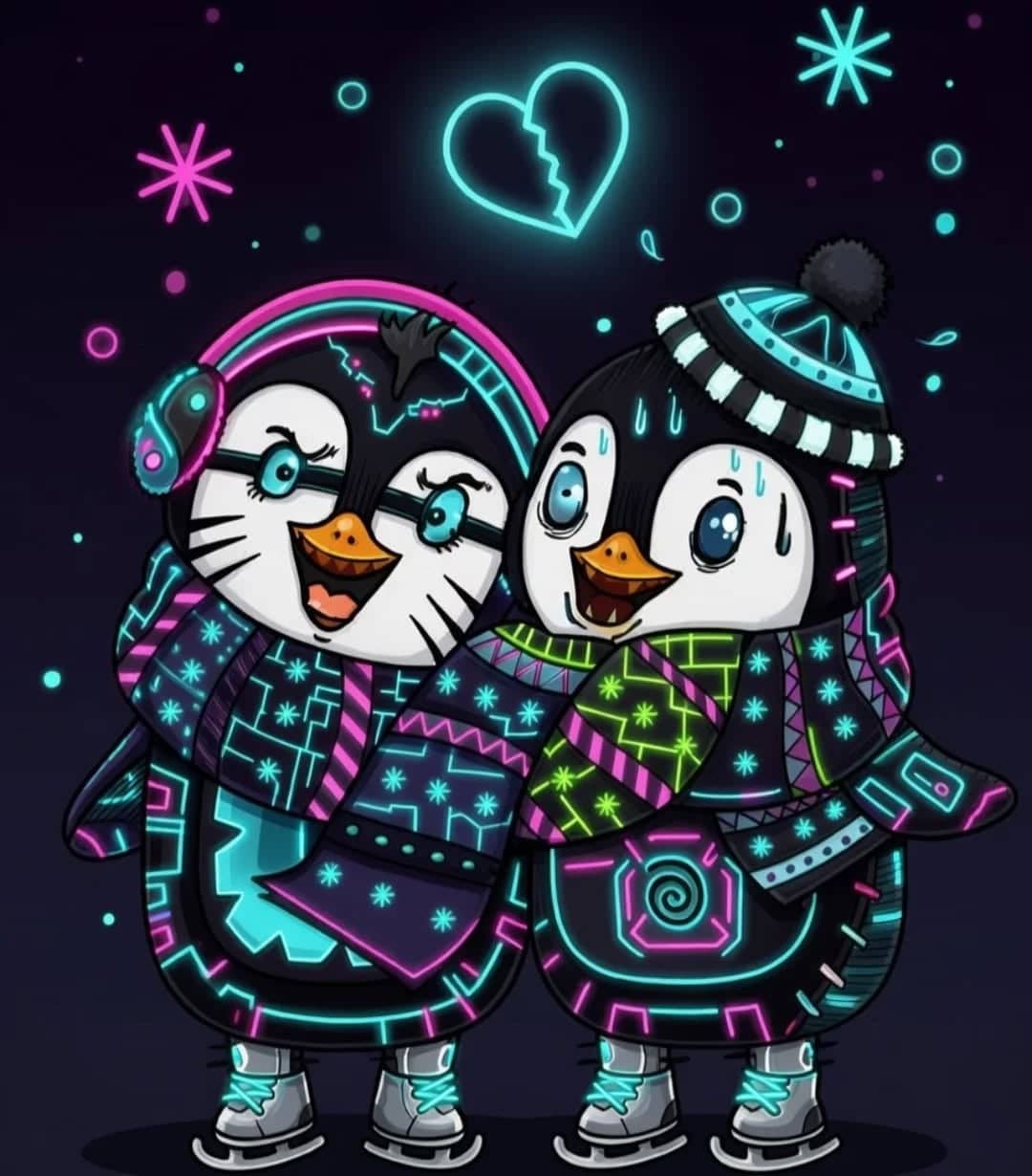 Pingouins amoureux style cyberpunk